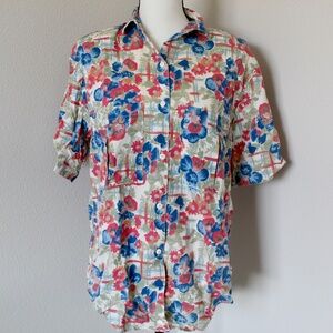 Vintage Sage Green, Blue, & Magenta Floral Short Sleeve Button Down Shirt